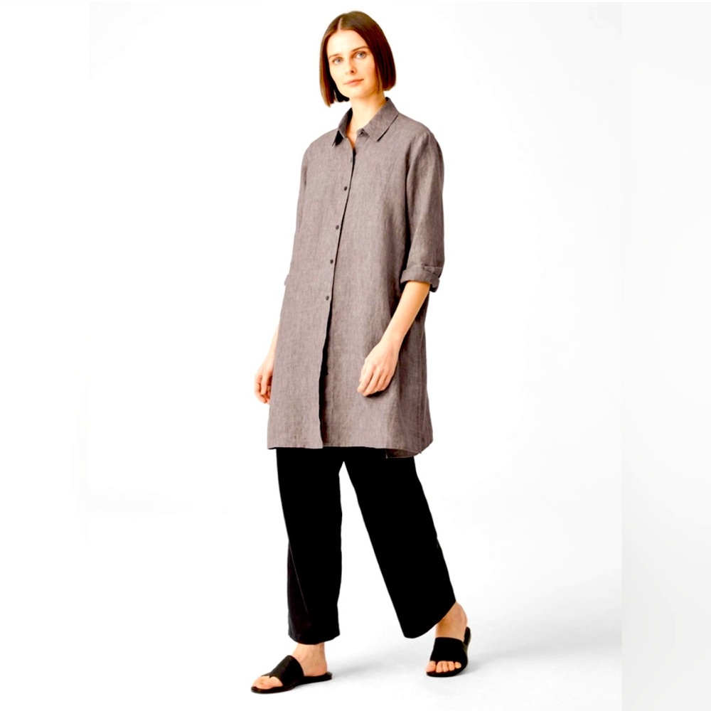 EILEEN FISHER Washed Organic Linen Delave Long Shirt XS/ TP Color Stone